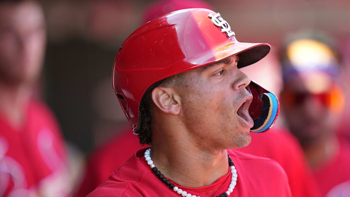 Mar 12, 2023; Jupiter, Florida, USA;  St. Louis Cardinals shortstop Masyn Winn (80) celebrates