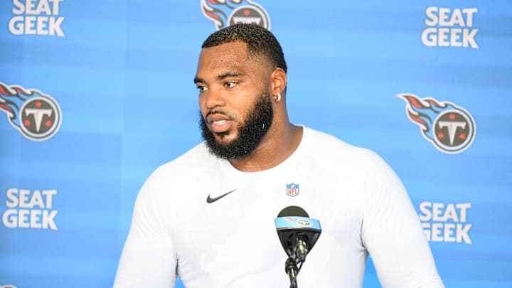 Tennessee Titans defensive tackle Jeffery Simmons talks with the media during training camp. Mandatory Credit: Steve Roberts-Imagn Images