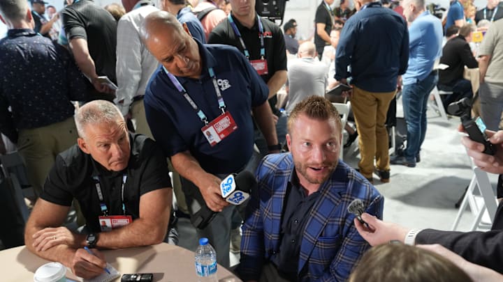 Apr 1, 2025; Palm Beach, FL, USA;  Los Angeles Rams head coach Sean McVay answers questions from the media during the NFL Annual League Meeting at The Breakers. Mandatory Credit: Jim Rassol-Imagn Images