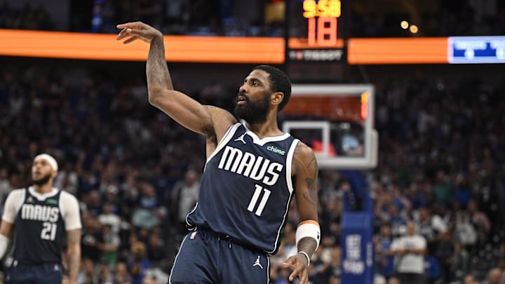May 26, 2024; Dallas, Texas, USA; Dallas Mavericks guard Kyrie Irving (11) reacts in the second half against the Minnesota Timberwolves during game three of the western conference finals for the 2024 NBA playoffs at American Airlines Center. Mandatory Credit: Jerome Miron-USA TODAY Sports