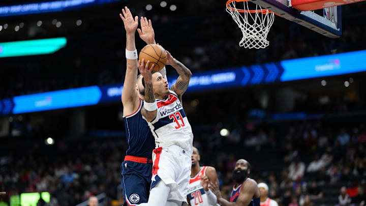 Nov 27, 2024; Washington, District of Columbia, USA; Washington Wizards forward Kyle Kuzma (33) attempts a shot during the first quarter against the LA Clippers at Capital One Arena. Mandatory Credit: Reggie Hildred-Imagn Images