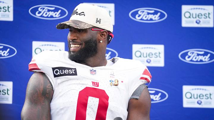 New York Giants linebacker Brian Burns (0) speaks to members of the media after training camp at Quest Diagnostics Training Center, Aug 10, 2026, East Rutherford, NJ, USA.