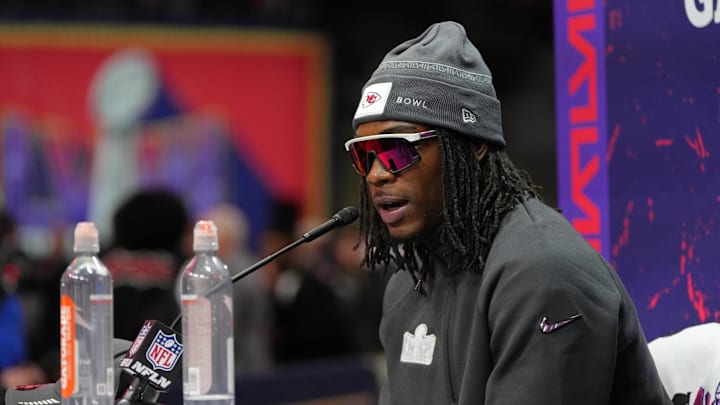 Feb 5, 2024; Las Vegas, NV, USA; Kansas City Chiefs wide receiver Rashee Rice (4) talks to the media