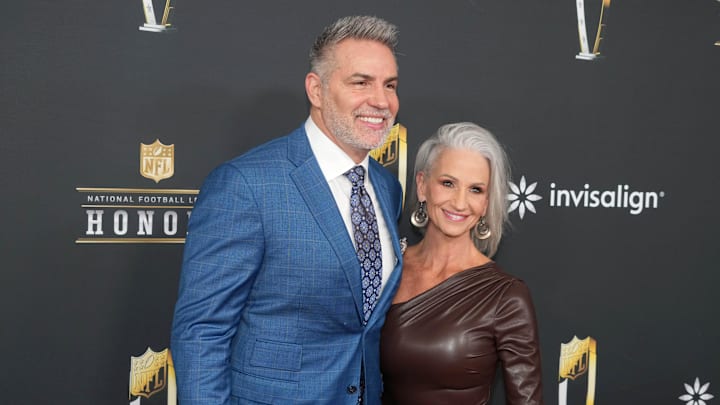 Feb 6, 2025; New Orleans, LA, USA; Kurt Warner and his wife Brenda Warner on the red carpet before Super Bowl LIX NFL Honors at Saenger Theatre. Mandatory Credit: Kirby Lee-Imagn Images