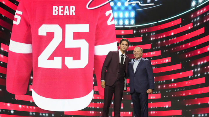 Jun 27, 2025; Los Angeles, California, USA; Carter Bear is selected as the 13th overall pick to the Detroit Red Wings in the first round of the 2025 NHL Draft at Peacock Theater. Mandatory Credit: Kirby Lee-Imagn Images