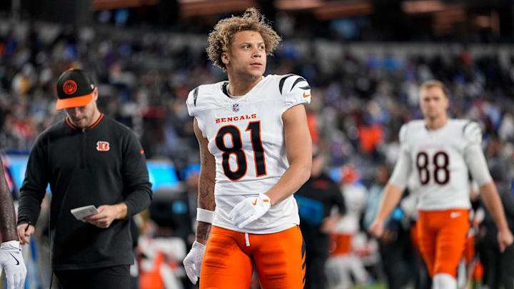 Cincinnati Bengals wide receiver Jermaine Burton (81) walks for the locker room at halftime of the NFL Week 11 game between the Los Angeles Chargers and the Cincinnati Bengals at SoFi Stadium in Inglewood, Calif., on Sunday, Nov. 17, 2024. The Chargers led 24-6 at halftime.