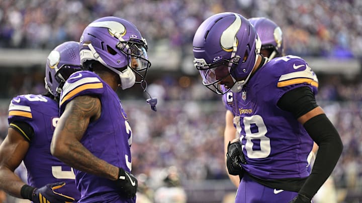 Nov 16, 2025; Minneapolis, Minnesota, USA; Minnesota Vikings wide receiver Jordan Addison (3) and wide receiver Justin Jefferson (18) celebrate a touchdown during the fourth quarter against the Chicago Bears at U.S. Bank Stadium. Mandatory Credit: Jeffrey Becker-Imagn Images