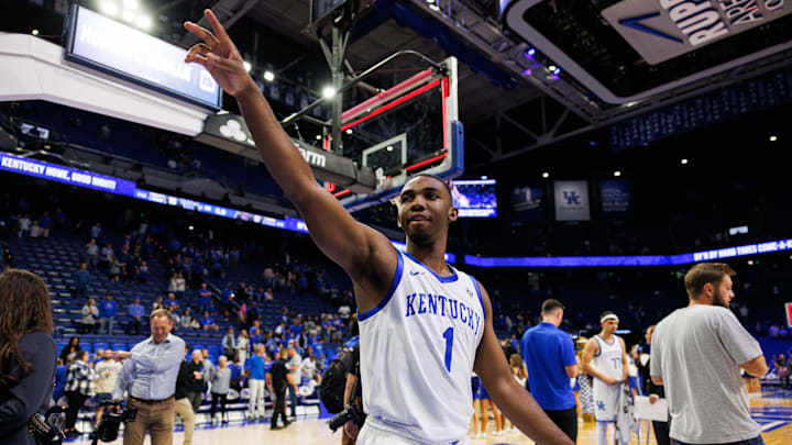 Oct 29, 2024; Lexington, KY, USA; Kentucky Wildcats guard Lamont Butler (1) waves to fans after the game against the Minnesota State Mavericks at Rupp Arena. Mandatory Credit: Jordan Prather-Imagn Images