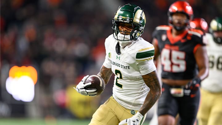 Oct 5, 2024; Corvallis, Oregon, USA; Colorado State Rams wide receiver Caleb Goodie (2) scores a touchdown in overtime against the Oregon State Beavers at Reser Stadium. Mandatory Credit: Craig Strobeck-Imagn Images