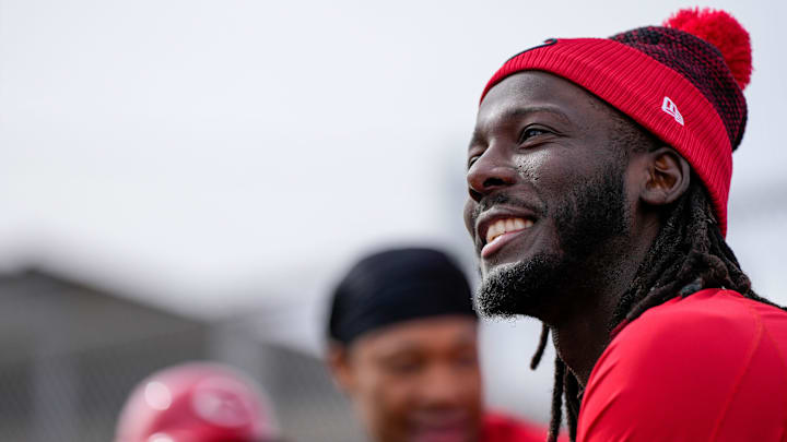 Cincinnati Reds shortstop Elly De La Cruz (44) stands by during live batting practice at the Cincinnati Reds Player Development Complex in Goodyear, Ariz., on Thursday, Feb. 13, 2025.
