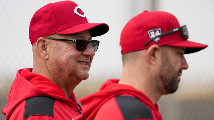 Cincinnati Reds manager Terry Francona watches a batting practice session at the Cincinnati Reds Player Development Complex in Goodyear, Ariz., on  Wednesday, Feb. 12, 2025. Mandatory Credit: Sam Greene/USA TODAY NETWORK via Imagn Images