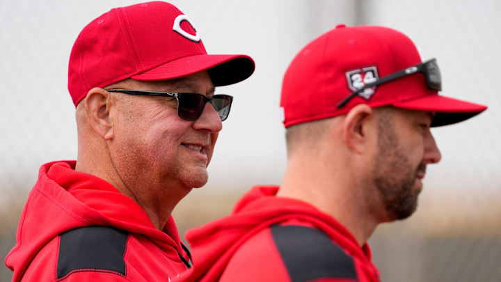 Cincinnati Reds manager Terry Francona watches a batting practice session at the Cincinnati Reds Player Development Complex in Goodyear, Ariz., on Wednesday, Feb. 12, 2025.