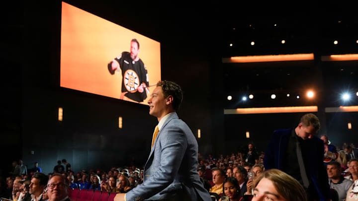 Jun 27, 2025; Los Angeles, California, USA; James Hagens is selected as the seventh overall pick to the Boston Bruins in the first round of the 2025 NHL Draft at Peacock Theater. Mandatory Credit: Kirby Lee-Imagn Images