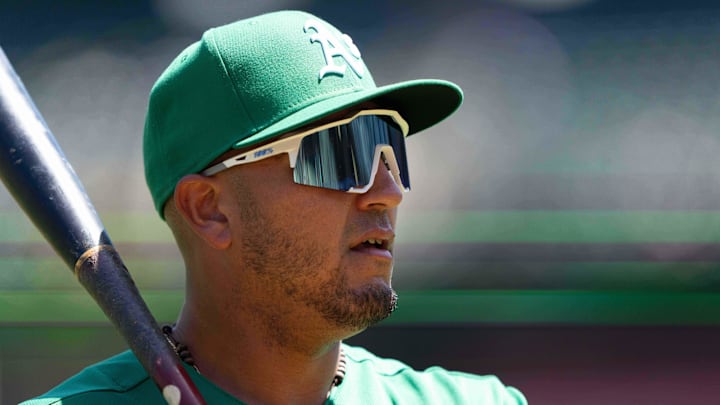 Apr 30, 2023; Oakland, California, USA;  Oakland Athletics catcher Carlos Perez (44) before the start of the first inning against the Cincinnati Reds at RingCentral Coliseum. Mandatory Credit: Stan Szeto-Imagn Images