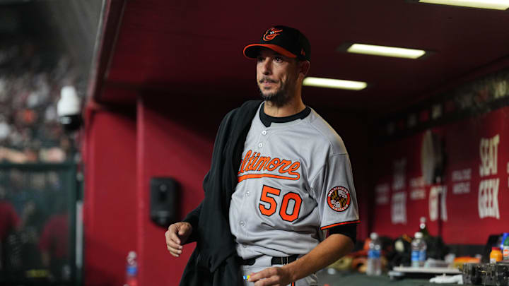 Apr 8, 2025; Phoenix, Arizona, USA; Baltimore Orioles pitcher Charlie Morton (50) looks on against the Arizona Diamondbacks during the fourth inning at Chase Field. Mandatory Credit: Joe Camporeale-Imagn Images