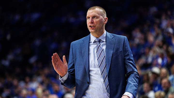 Dec 9, 2025; Lexington, Kentucky, USA; Kentucky Wildcats head coach Mark Pope talks to his players from the sideline during the first half against the North Carolina Central Eagles at Rupp Arena at Central Bank Center. Mandatory Credit: Jordan Prather-Imagn Images Dec 9, 2025; Lexington, Kentucky, USA; Kentucky Wildcats head coach Mark Pope talks to his players from the sideline during the first half against the North Carolina Central Eagles at Rupp Arena at Central Bank Center. Mandatory Credit: Jordan Prather-Imagn Images