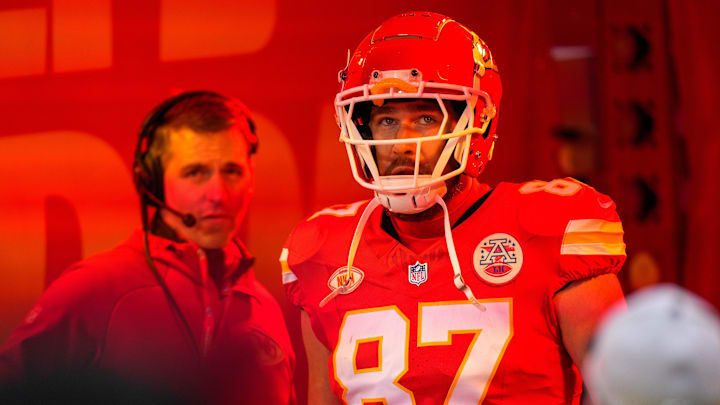 Kansas City Chiefs tight end Travis Kelce (87) looks toward the crowd before taking the field for the game between the Kansas City Chiefs and the Cincinnati Bengals at Arrowhead Stadium in Kansas City on Dec. 31, 2023.