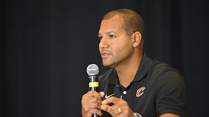 Sep 14, 2022; Cleveland, OH, USA; Cleveland Cavaliers president of basketball operations Koby Altman speaks to the media during an introductory press conference at Rocket Mortgage FieldHouse. Mandatory Credit: David Richard-Imagn Images