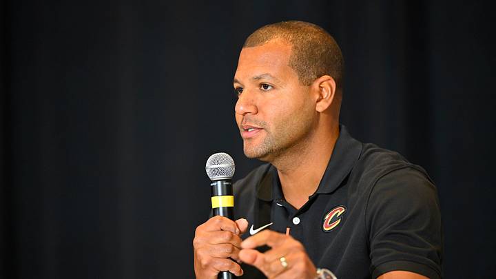Sep 14, 2022; Cleveland, OH, USA; Cleveland Cavaliers president of basketball operations Koby Altman speaks to the media during an introductory press conference at Rocket Mortgage FieldHouse. Mandatory Credit: David Richard-USA TODAY Sports Sep 14, 2022; Cleveland, OH, USA; Cleveland Cavaliers president of basketball operations Koby Altman speaks to the media during an introductory press conference at Rocket Mortgage FieldHouse. Mandatory Credit: David Richard-USA TODAY Sports