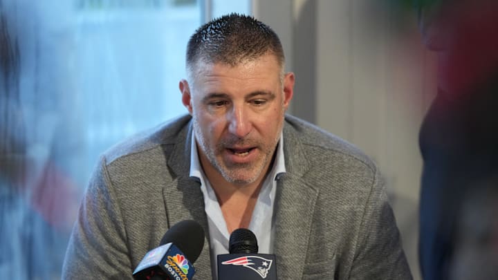 Mar 31, 2025; Palm Beach, FL, USA; New England Patriots head coach Mike Vrabel answers questions from the media during the NFL Annual League Meeting at The Breakers. Mandatory Credit: Jim Rassol-Imagn Images