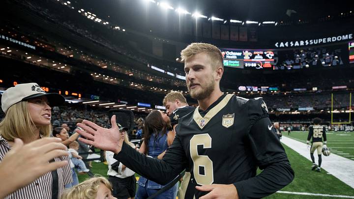 Aug 15, 2026; New Orleans, Louisiana, USA; New Orleans Saints quarterback Tyler Shough (6) greets fans before a game against the Jacksonville Jaguars at Caesars Superdome. Mandatory Credit: Matthew Hinton-Imagn Images