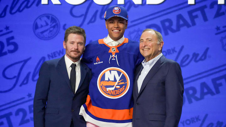 Jun 27, 2025; Los Angeles, California, USA; Kashawn Aitcheson is selected as the 17th overall pick to the New York Islanders in the first round of the 2025 NHL Draft at Peacock Theater. Mandatory Credit: Kirby Lee-Imagn Images