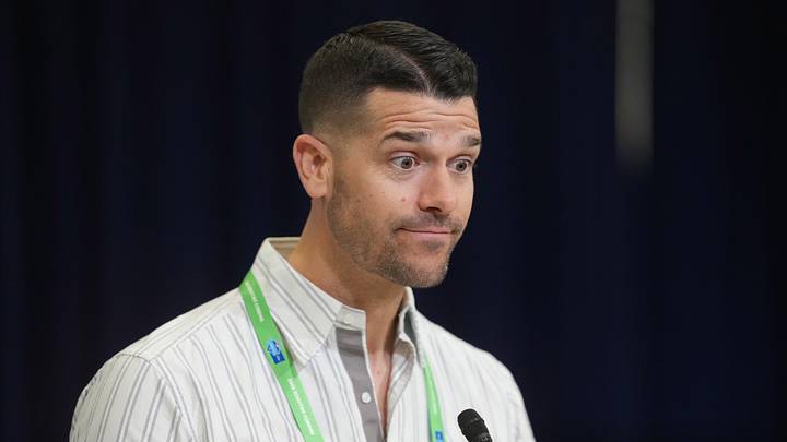 Feb 24, 2026; Indianapolis, IN, USA; Carolina Panthers coach Dave Canales speaks at the NFL Scouting Combine at the Indiana Convention Center. Mandatory Credit: Kirby Lee-Imagn Images