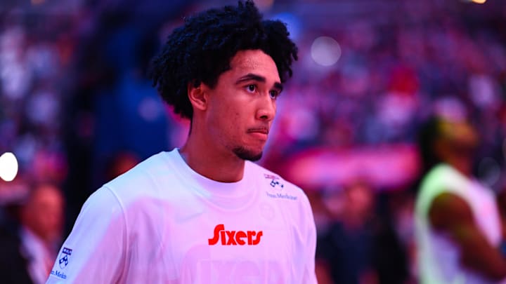 Nov 24, 2024; Philadelphia, Pennsylvania, USA; Philadelphia 76ers guard Jared McCain (20) looks on before the game against the Los Angeles Clippers at Wells Fargo Center. Mandatory Credit: Kyle Ross-Imagn Images