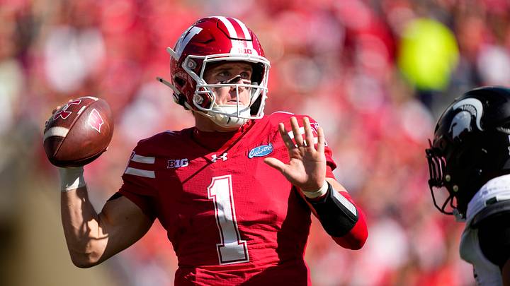Oct 3, 2026; Madison, Wisconsin, USA;  Wisconsin Badgers quarterback Colton Joseph (1) throws a pass during the third quarter against the Michigan State Spartans at Camp Randall Stadium. Mandatory Credit: Jeff Hanisch-Imagn Images