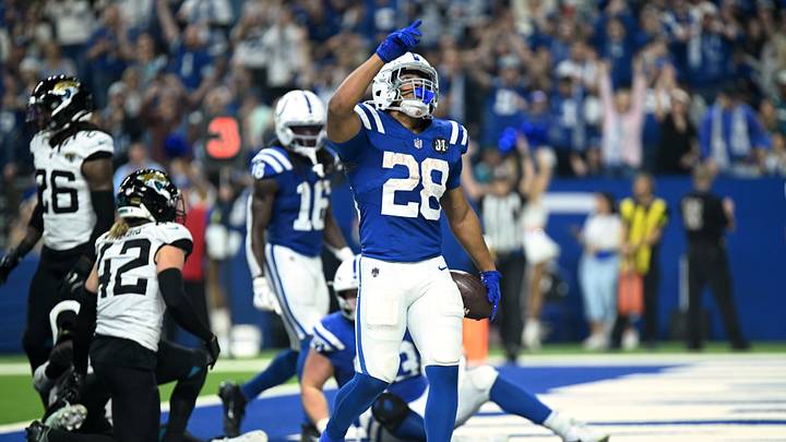 Indianapolis Colts running back Jonathan Taylor (28) reacts after a touchdown during the first half against the Jacksonville Jaguars at Lucas Oil Stadium. Indianapolis Colts running back Jonathan Taylor (28) reacts after a touchdown during the first half against the Jacksonville Jaguars at Lucas Oil Stadium.