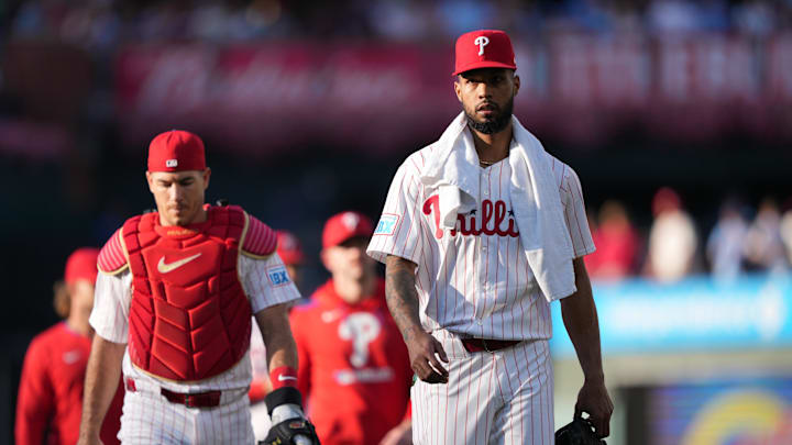 Philadelphia Phillies starting pitcher Cristopher Sanchez (61) enters the field before the game against the Atlanta Braves at Citizens Bank Park. 