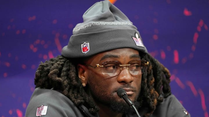 49ers wide receiver Brandon Aiyuk talks to the media during Super Bowl LVIII Opening Night at Allegiant Stadium.