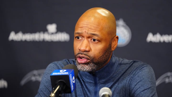 Feb 6, 2025; Denver, Colorado, USA; Orlando Magic head coach Jamahl Mosley before a game against the Denver Nuggets at Ball Arena. Mandatory Credit: Ron Chenoy-Imagn Images