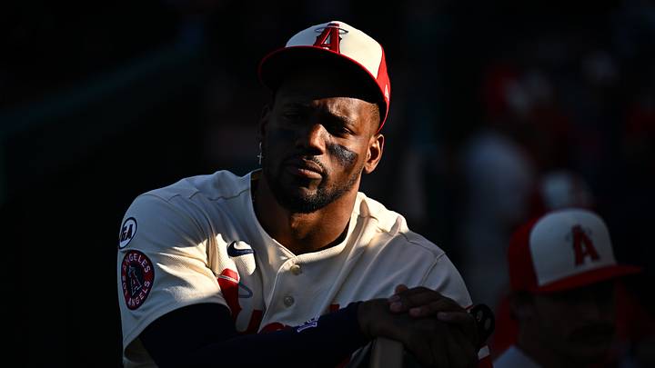 Angels designated hitter Jorge Soler (12) looks on before a game against the Houston Astros at Angel Stadium on July 27, 2026. Angels designated hitter Jorge Soler (12) looks on before a game against the Houston Astros at Angel Stadium on July 27, 2026.