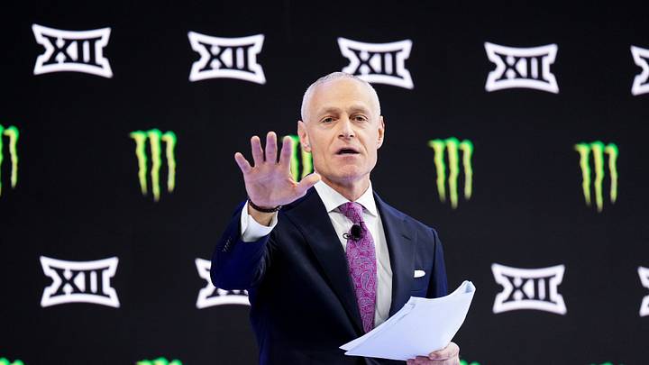 Jul 7, 2026; Frisco, TX, USA; Big 12 commissioner Brett Yormark speaks to reporters during Big 12 Conference Football Media Days at The Star. Mandatory Credit: Raymond Carlin III-Imagn Images Jul 7, 2026; Frisco, TX, USA; Big 12 commissioner Brett Yormark speaks to reporters during Big 12 Conference Football Media Days at The Star. Mandatory Credit: Raymond Carlin III-Imagn Images