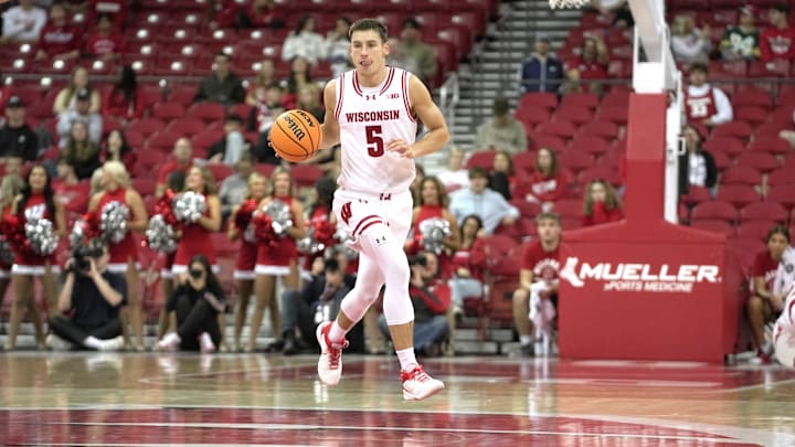 Jack Janicki (5) is shown during a Wisconsin men’s basketball scrimmage Sunday, October 19, 2025 at the Kohl Center in Madison, Wisconsin. Jack Janicki (5) is shown during a Wisconsin men’s basketball scrimmage Sunday, October 19, 2025 at the Kohl Center in Madison, Wisconsin.