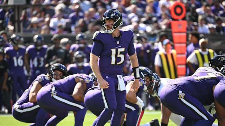 Oct 5, 2025; Baltimore, Maryland, USA; Baltimore Ravens quarterback Cooper Rush (15) directs a play during the first quarter against the Houston Texans at M&T Bank Stadium. Mandatory Credit: Rafael Suanes-Imagn Images Oct 5, 2025; Baltimore, Maryland, USA; Baltimore Ravens quarterback Cooper Rush (15) directs a play during the first quarter against the Houston Texans at M&T Bank Stadium. Mandatory Credit: Rafael Suanes-Imagn Images