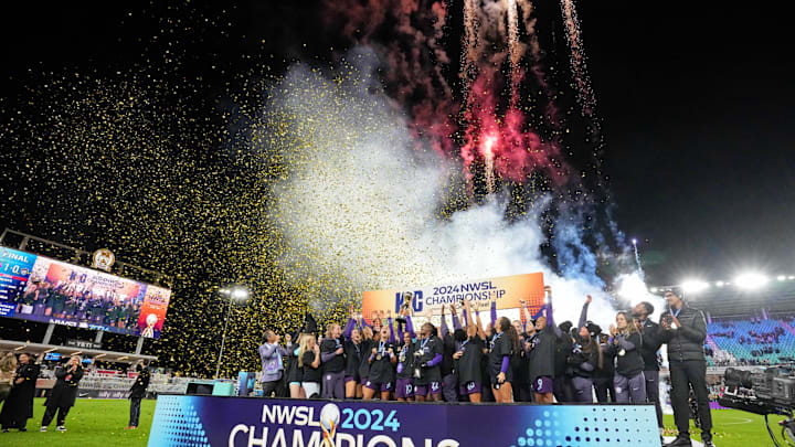 The Orlando Pride celebrates after winning the 2024 NWSL Championship match at CPKC Stadium.