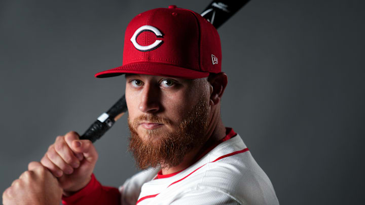 Feb 22, 2024; Goodyear, AZ, USA; Cincinnati Reds catcher P.J. Higgins during media day at Goodyear Ballpark. Mandatory Credit: Kareem Elgazzar-Imagn Images