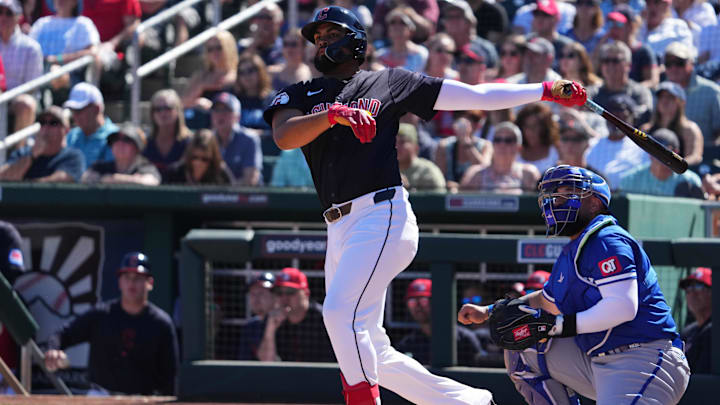 Mar 2, 2024; Goodyear, Arizona, USA; Cleveland Guardians right fielder Johnathan Rodriguez (67) bats against the Kansas City Royals during the first inning at Goodyear Ballpark. Mandatory Credit: Joe Camporeale-USA TODAY Sports