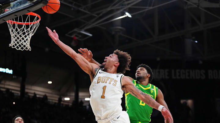 Jan 18, 2024; Boulder, Colorado, USA; Colorado Buffaloes guard J'Vonne Hadley (1) goes in for lay up.