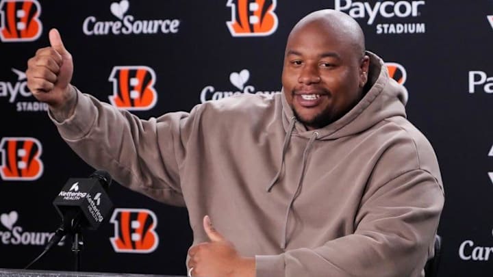 Defensive tackle Dexter Lawrence addresses the media April 20, 2026, at Paycor Stadium for the first time since becoming a Cincinnati Bengal.