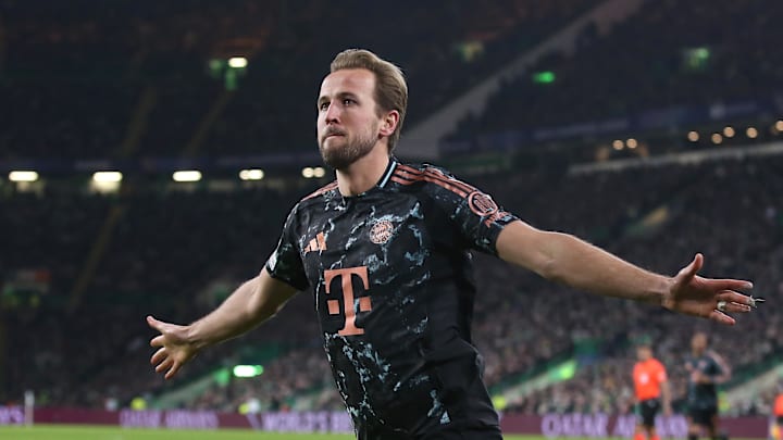 Bayern Munich forward Harry Kane celebrates after scoring against Celtic.