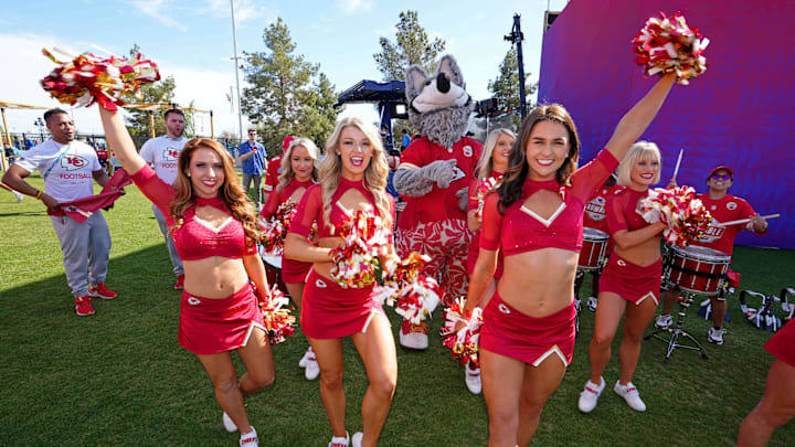 Feb 12, 2023; Glendale, Arizona, US; Kansas City Chiefs cheerleaders and KC Wolf before Super Bowl