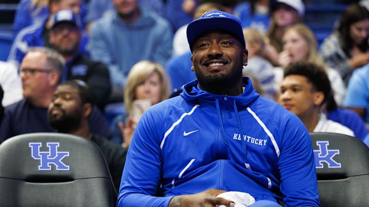 Oct 11, 2025; Lexington, KY, USA; Former Kentucky Wildcat and NBA player John Wall watches the action from the bench during Big Blue Madness at Rupp Arena at Central Bank Center. Mandatory Credit: Jordan Prather-Imagn Images Oct 11, 2025; Lexington, KY, USA; Former Kentucky Wildcat and NBA player John Wall watches the action from the bench during Big Blue Madness at Rupp Arena at Central Bank Center. Mandatory Credit: Jordan Prather-Imagn Images