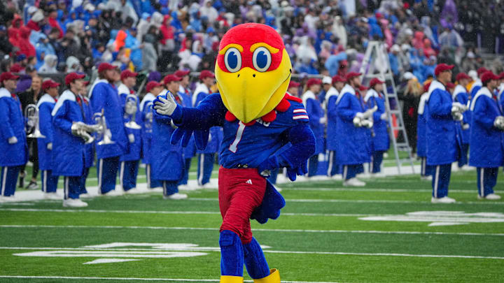 Oct 25, 2025; Lawrence, Kansas, USA; The Kansas Jayhawks mascot Big Jay performs against the Kansas State Wildcats prior to a game at David Booth Kansas Memorial Stadium. Mandatory Credit: Denny Medley-Imagn Images Oct 25, 2025; Lawrence, Kansas, USA; The Kansas Jayhawks mascot Big Jay performs against the Kansas State Wildcats prior to a game at David Booth Kansas Memorial Stadium. Mandatory Credit: Denny Medley-Imagn Images