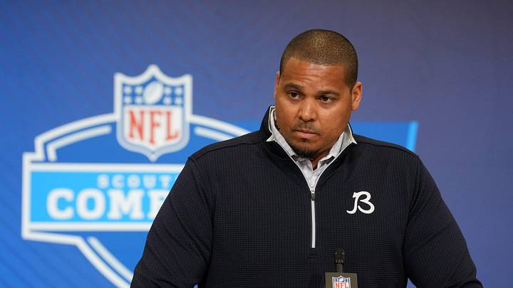Feb 24, 2026; Indianapolis, IN, USA; Chicago Bears general manager Ryan Poles speaks at the NFL Scouting Combine at the Indiana Convention Center. Mandatory Credit: Kirby Lee-Imagn Images