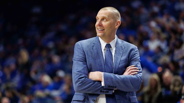Feb 8, 2025; Lexington, Kentucky, USA; Kentucky Wildcats head coach Mark Pope looks on during the second half against the South Carolina Gamecocks at Rupp Arena at Central Bank Center. Mandatory Credit: Jordan Prather-Imagn Images