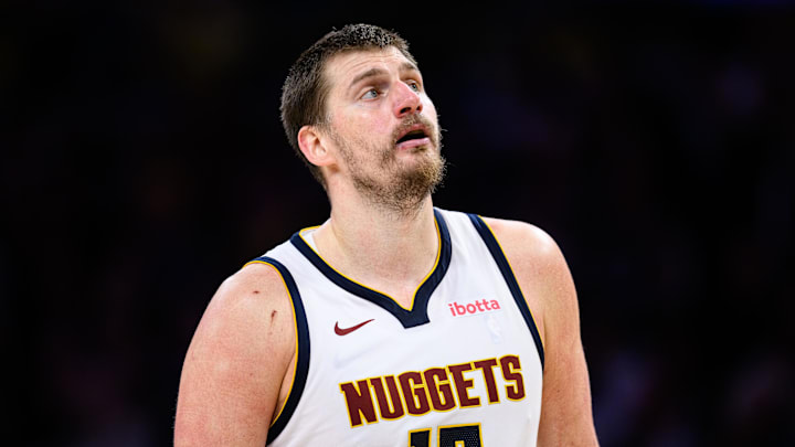 Mar 14, 2026; Los Angeles, California, USA; Denver Nuggets center Nikola Jokic (15) looks on during the second half against the Los Angeles Lakers at Crypto.com Arena.