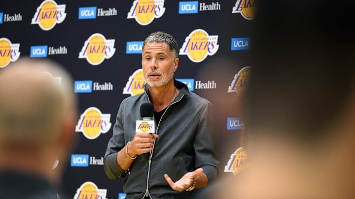 Sep 25, 2025; El Segundo, CA, USA; Los Angeles Lakers general manager Rob Pelinka speaks during a press conference to preview the 2025-26 season at UCLA Health Training Center. Mandatory Credit: William Liang-Imagn Images